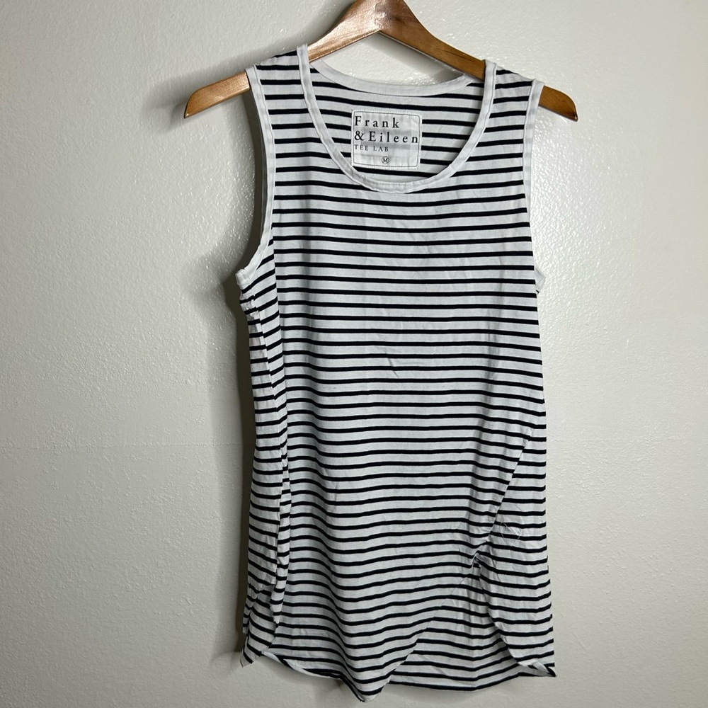 Frank & Eileen 100% Cotton Navy White Striped Long Tunic Tank Size Medium